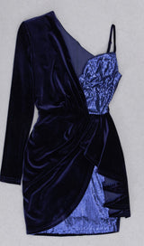 VELVET PLEATED SEQUINED MINI DRESS IN NAVY BLUE Dresses styleofcb