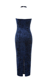 VELVET HALTER SEXY WAIST MIDI DRESS IN NAVY styleofcb