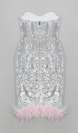 STRAPLESS SEQUIN FEATHER MIDI DRESS IN SILVER Dresses styleofcb