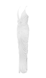 FLOWER-EMBELLISHED PLUNGE MAXI DRESS IN WHITE DRESS STYLE OF CB