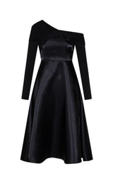 BLACK DIAGONAL SHOULDER LONG SLEEVE MIDI DRESS styleofcb