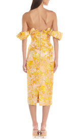 JACQUARD OFF SHOULDER MIDI DRESS IN YELLOW styleofcb