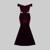 OFF SHOULDER WAIST HOLLOW VELVET MAXI DRESS IN BURGUNDY styleofcb
