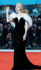 ELEGANT FEATHER OFF SHOULDER FISHTAIL MAXI DRESS IN BLACK styleofcb