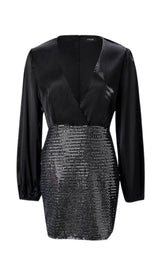 MIXED SEQUIN PATCHWORK BACKLESS BACKPACK HIP MINI DRESS IN BLACK styleofcb