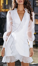 SOLID MESH LONG SLEEVE RUFFLE MINI DRESS styleofcb