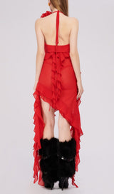 PLUNGING NECKLINE RUFFLE DRESS IN RED styleofcb