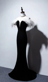 ELEGANT FEATHER OFF SHOULDER FISHTAIL MAXI DRESS IN BLACK styleofcb