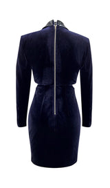 VELVET HOLLOWED OUT V-NECK DRESS IN DARK BLUE styleofcb