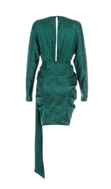 SATIN PRINT PLEATED MINI DRESS IN DARK GREEN styleofcb
