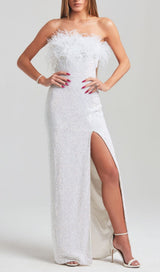OSTRICH HAIR DECORATIVE BANDEAU MAXIC DRESS IN WHITE styleofcb