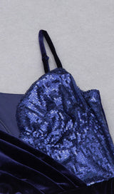 VELVET PLEATED SEQUINED MINI DRESS IN NAVY BLUE Dresses styleofcb