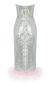 STRAPLESS SEQUIN FEATHER MIDI DRESS IN SILVER Dresses styleofcb