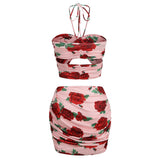 HALTERNECK ROSE PRINTED SKIRT SET Sets styleofcb