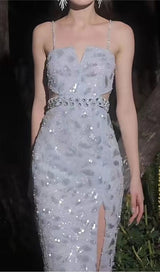 MESH DIAMOND CUT-OUT WAISTLESS SEQUIN SPLID DRESS IN LIGHT BLUE styleofcb