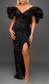 SEQUIN PUFF SLEEVE ONE NECK WAIST MAXI DRESS IN BLACK styleofcb