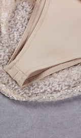 ASYMMETRIC SEQUIN RUCHED MINI DRESS IN BEIGE Dresses styleofcb