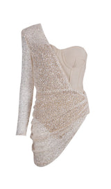 ASYMMETRIC SEQUIN RUCHED MINI DRESS IN BEIGE Dresses styleofcb
