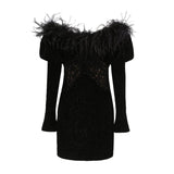 BLACK VELVET OFF SHOULDER MINI DRESS styleofcb