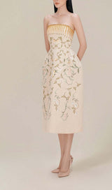 BANDEAU PRINTED JUNGLE MIDI DRESS IN BEIGE DRESS STYLE OF CB