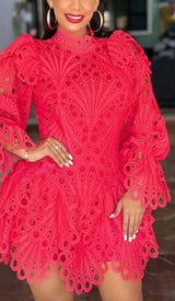 BLOUSON-SLEEVE FLOUNCE EYELET MINI DRESS DRESS STYLE OF CB