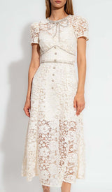BOW-EMBELLISHED FLORAL-LACE MIDI DRESS IN BEIGE DRESS STYLE OF CB