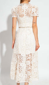 BOW-EMBELLISHED FLORAL-LACE MIDI DRESS IN BEIGE DRESS STYLE OF CB