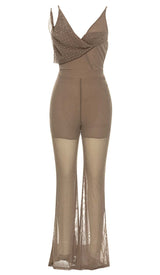 COWL-NECK SEQUIN JUMPSUIT IN KHAKI DRESS STYLE OF CB
