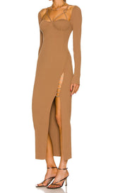CUT OUT SLIPT MAXI DRESS IN BROWN Dresses styleofcb