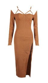CUT OUT SLIPT MAXI DRESS IN BROWN Dresses styleofcb