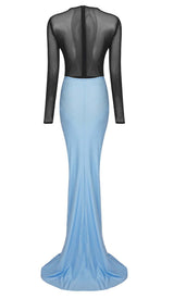 DROPPED WAIST RUCHED MAXI DRESS IN BLUE DRESS styleofcb