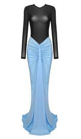 DROPPED WAIST RUCHED MAXI DRESS IN BLUE DRESS styleofcb