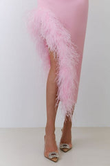 FEATHER TRIM SPLIT MIDI DRESS IN BUBBLEGUM DRESS styleofcb