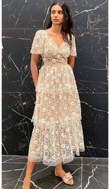 FLORAL EMBELLISHED PUFF SLEEVE MIDI DRESS IN WHITE DRESS STYLE OF CB