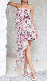 FLORAL PRINT COLD SHOULDER HALTER HIGH LOW DRESS DRESS STYLE OF CB