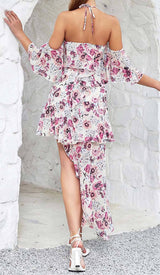 FLORAL PRINT COLD SHOULDER HALTER HIGH LOW DRESS DRESS STYLE OF CB