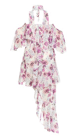 FLORAL PRINT COLD SHOULDER HALTER HIGH LOW DRESS DRESS STYLE OF CB