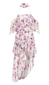 FLORAL PRINT COLD SHOULDER HALTER HIGH LOW DRESS DRESS STYLE OF CB