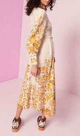 FLORAL-PRINT ROPE BELT MIDI DRESS IN IVORY DRESS styleofcb
