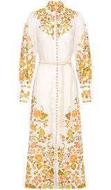 FLORAL-PRINT ROPE BELT MIDI DRESS IN IVORY DRESS styleofcb