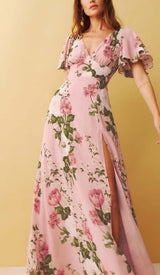 FLORAL-PRINT V NECK MAXI DRESS IN PINK DRESS STYLE OF CB