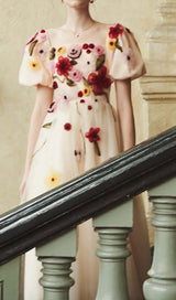 FLOWERS PRINT PUFF SLEEVE MIDI DRESS IN PINK styleofcb