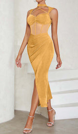 HALTER BANDAGE MIDI DRESS IN YELLOW DRESS STYLE OF CB