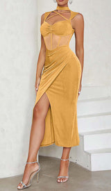 HALTER BANDAGE MIDI DRESS IN YELLOW DRESS STYLE OF CB