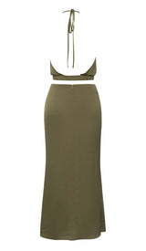 HALTER SATIN MIDI DRESS IN DARK FOREST DRESS STYLE OF CB