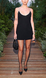 DIAMOND-TRIMMED SUSPENDER MINI DRESS IN BLACK styleofcb