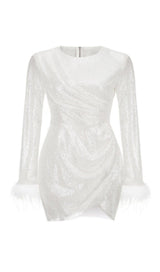 SEQUINED FEATHER MINI DRESS IN WHITE styleofcb
