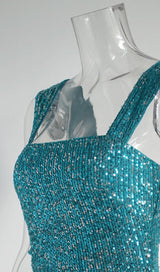 SQUARE-NECK SEQUIN SUSPENDER DRESS IN BLUE styleofcb