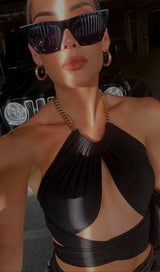 VEST WITH METAL CHAIN HANGING NECK TOP IN BLACK styleofcb
