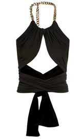 VEST WITH METAL CHAIN HANGING NECK TOP IN BLACK styleofcb